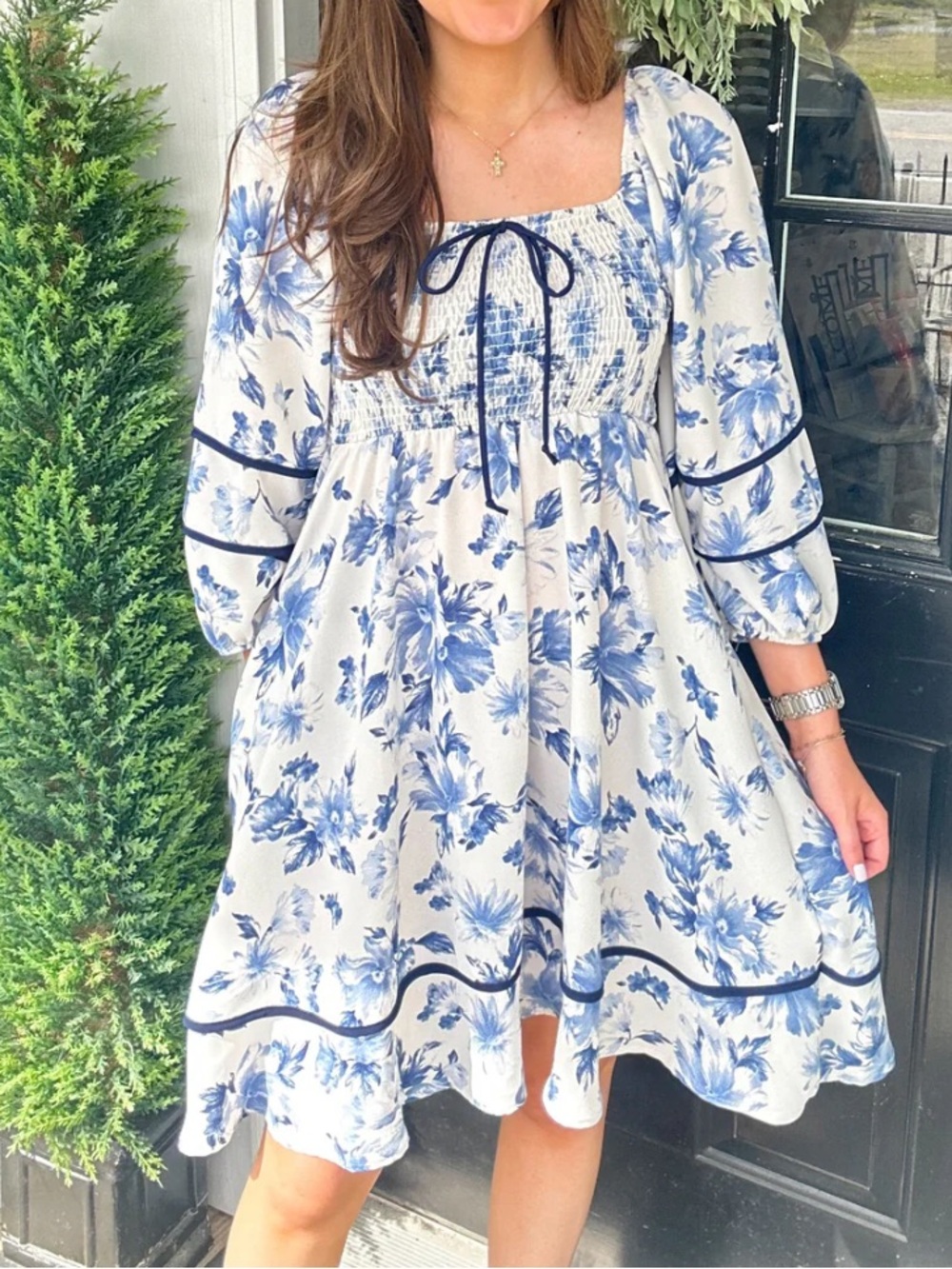 Blue & White Floral Smocked Casual Dress